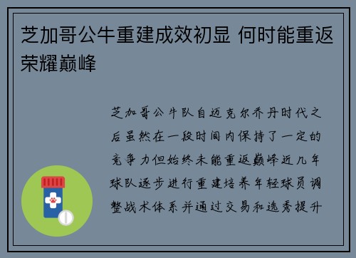 芝加哥公牛重建成效初显 何时能重返荣耀巅峰 芝加哥公牛重建成效初显 何时能重返荣耀巅峰